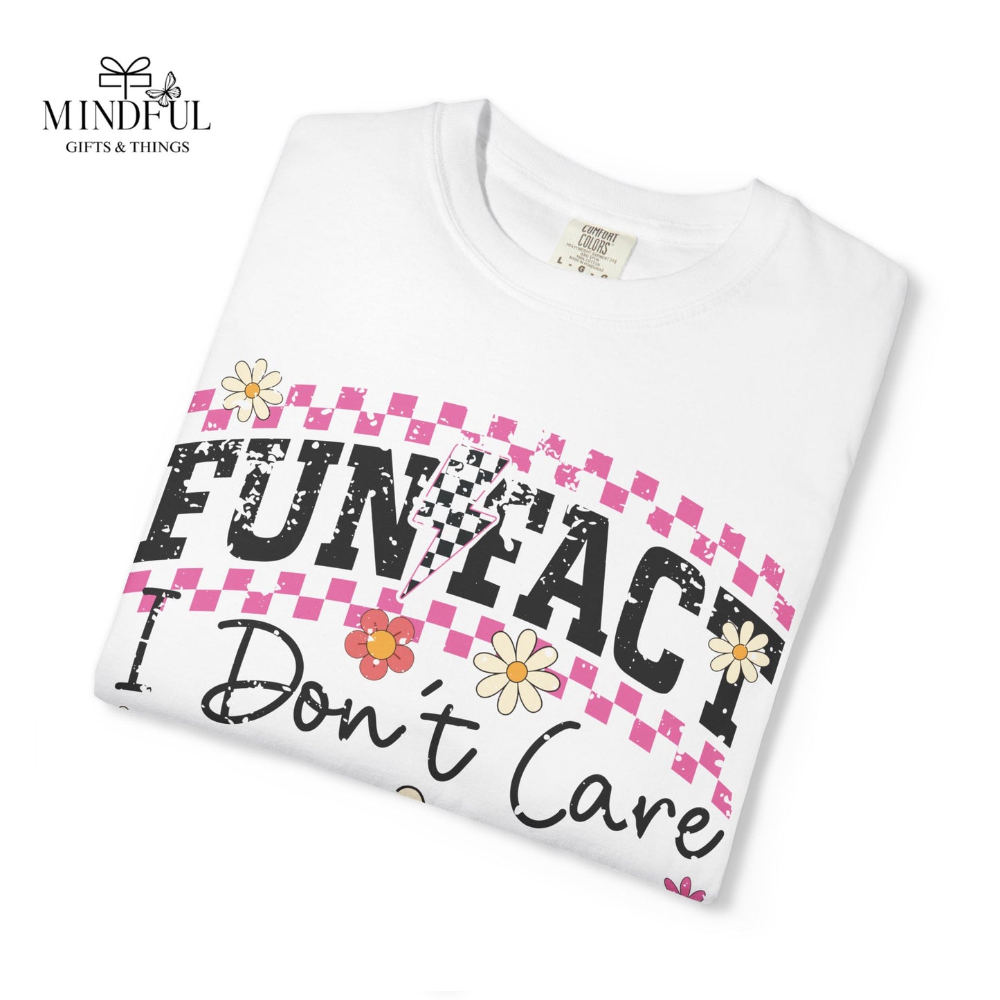 Funtact Don't Care Graphic T-Shirt — Retro Checker Flowers & Skulls Tee