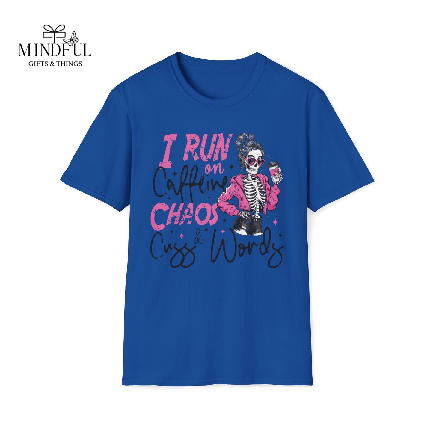 I Run on Caffeine, Chaos & Cuss Words Graphic T-Shirt — Funny Skeleton Coffee Tee