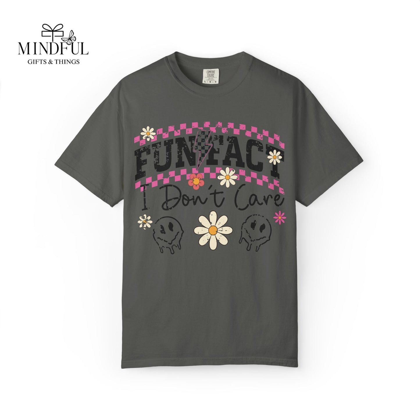 Funtact Don't Care Graphic T-Shirt — Retro Checker Flowers & Skulls Tee
