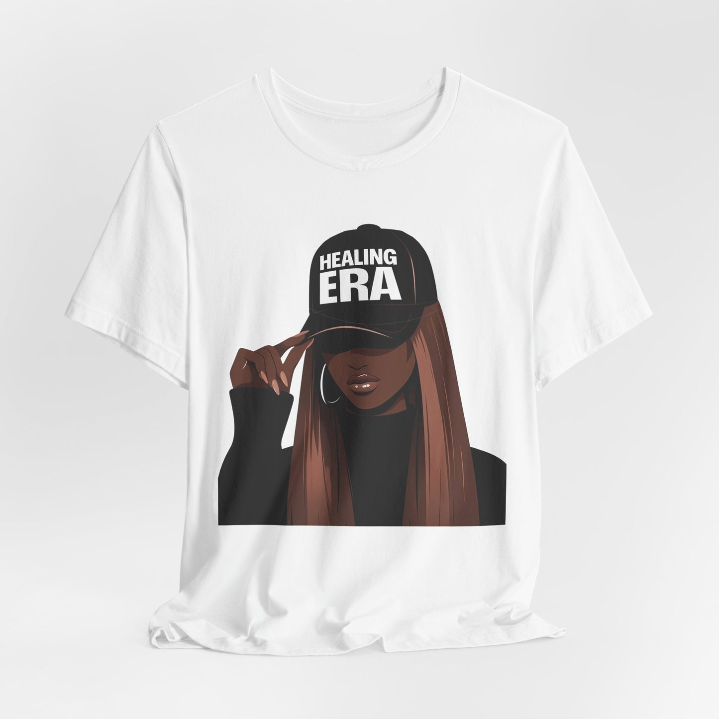 Healing Era Tee — Black Woman Graphic T‑Shirt with 'Healing ERA' Cap Design