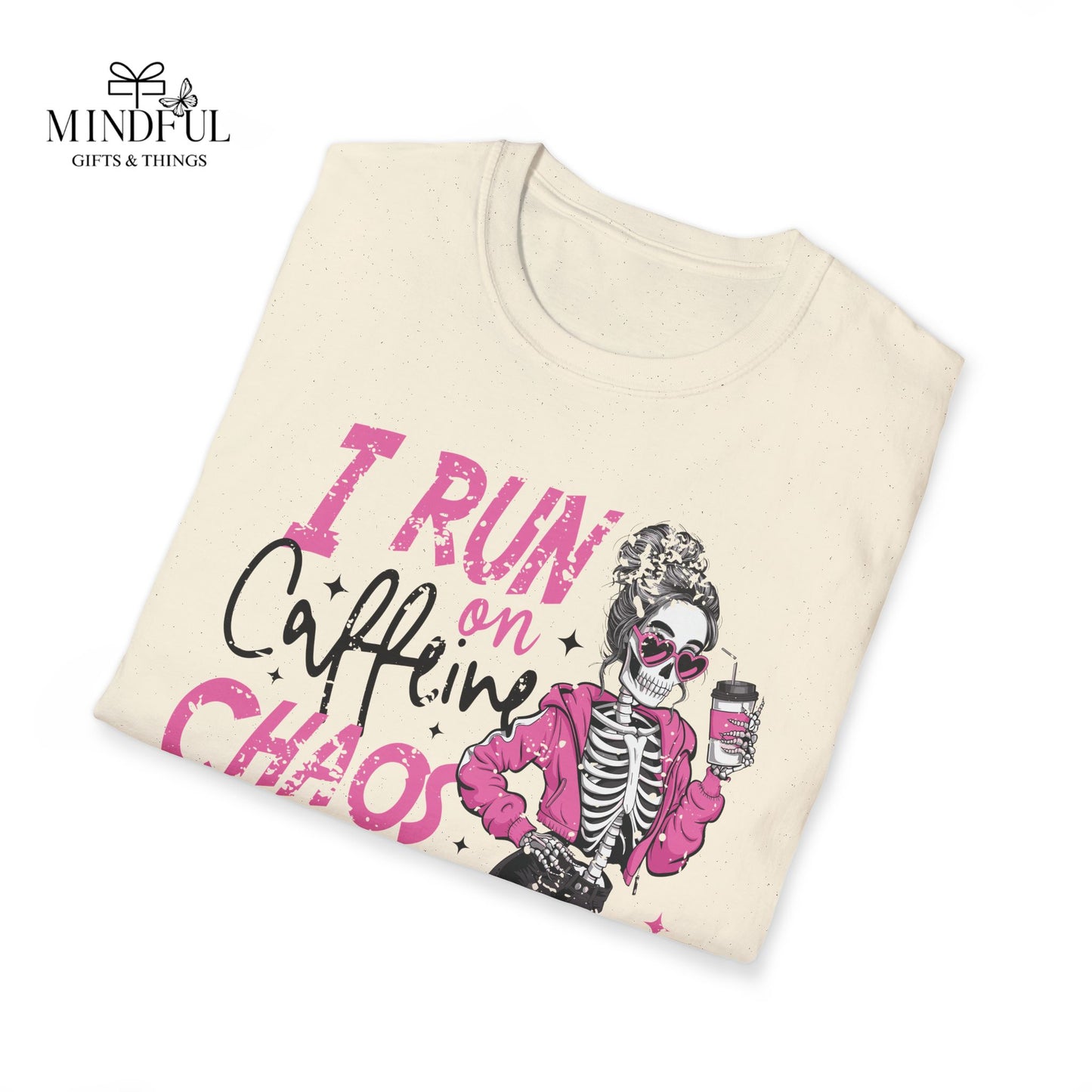 I Run on Caffeine, Chaos & Cuss Words Graphic T-Shirt — Funny Skeleton Coffee Tee