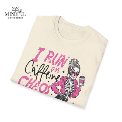 I Run on Caffeine, Chaos & Cuss Words Graphic T-Shirt — Funny Skeleton Coffee Tee