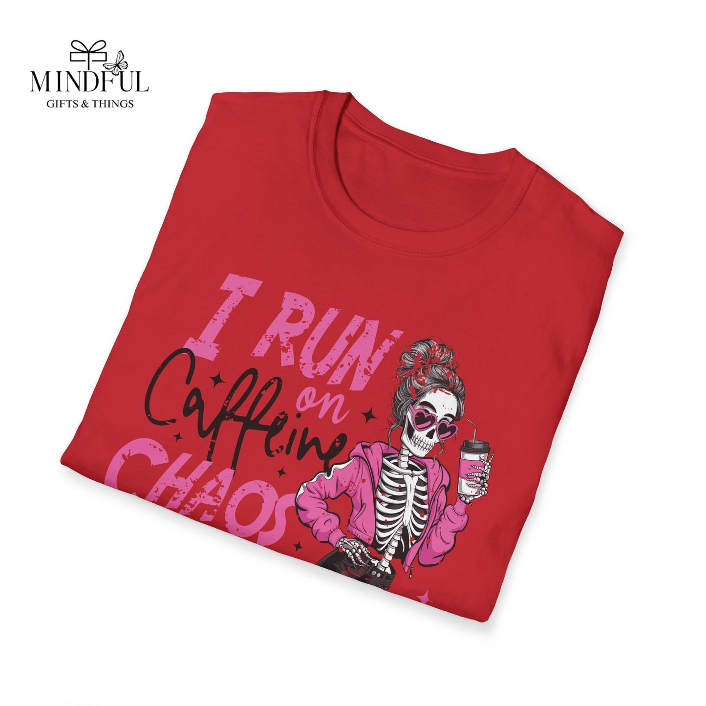 I Run on Caffeine, Chaos & Cuss Words Graphic T-Shirt — Funny Skeleton Coffee Tee