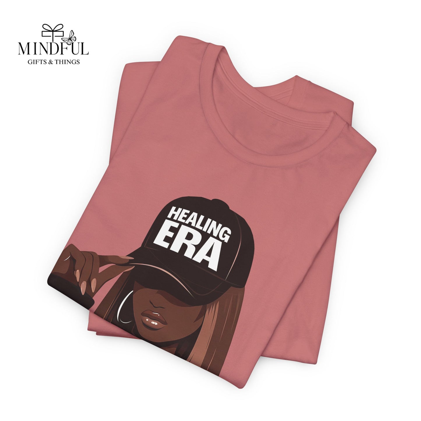 Healing Era Tee — Black Woman Graphic T‑Shirt with 'Healing ERA' Cap Design