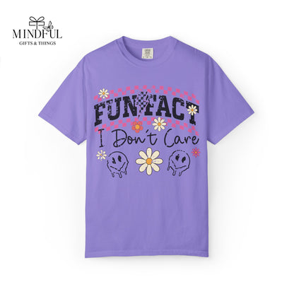 Funtact Don't Care Graphic T-Shirt — Retro Checker Flowers & Skulls Tee