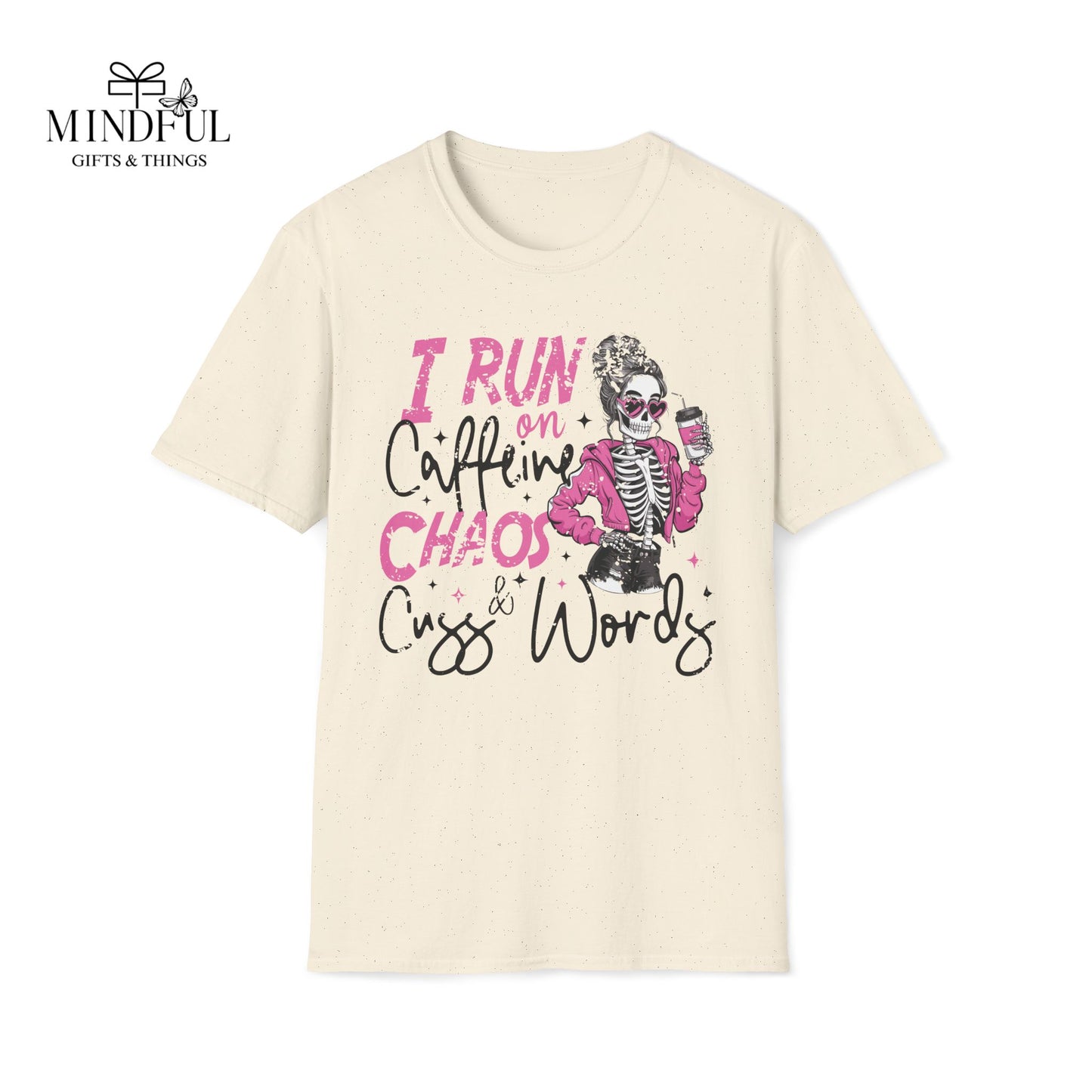 I Run on Caffeine, Chaos & Cuss Words Graphic T-Shirt — Funny Skeleton Coffee Tee