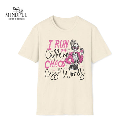 I Run on Caffeine, Chaos & Cuss Words Graphic T-Shirt — Funny Skeleton Coffee Tee