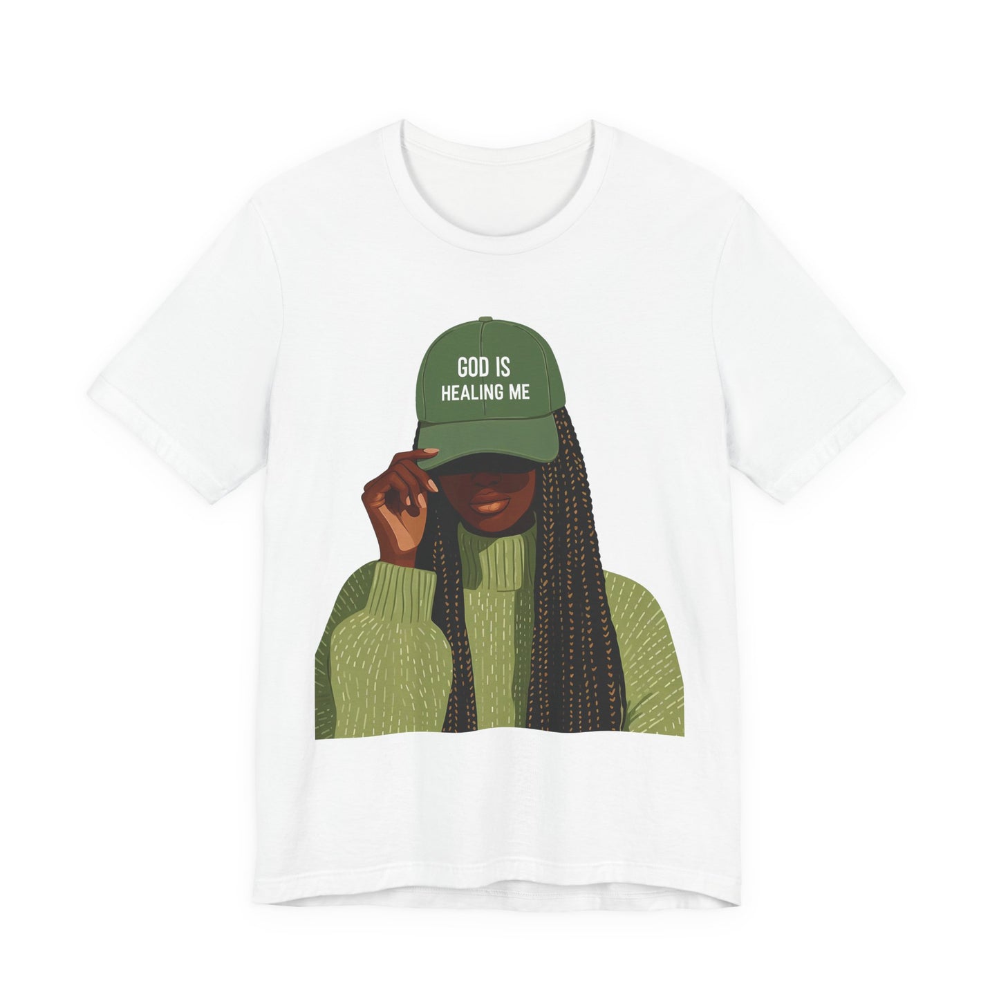 God Is Healing Me Tee — Inspirational Faith T‑Shirt with Green Cap Graphic