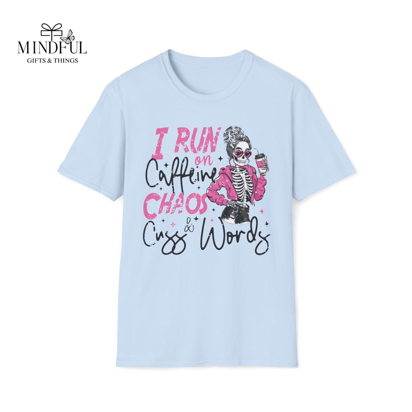 I Run on Caffeine, Chaos & Cuss Words Graphic T-Shirt — Funny Skeleton Coffee Tee
