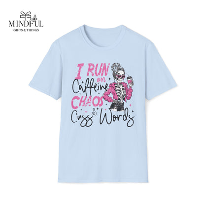 I Run on Caffeine, Chaos & Cuss Words Graphic T-Shirt — Funny Skeleton Coffee Tee
