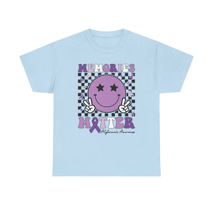 Smiley Memories Matter Tee — Purple Alzheimer’s Awareness Shirt