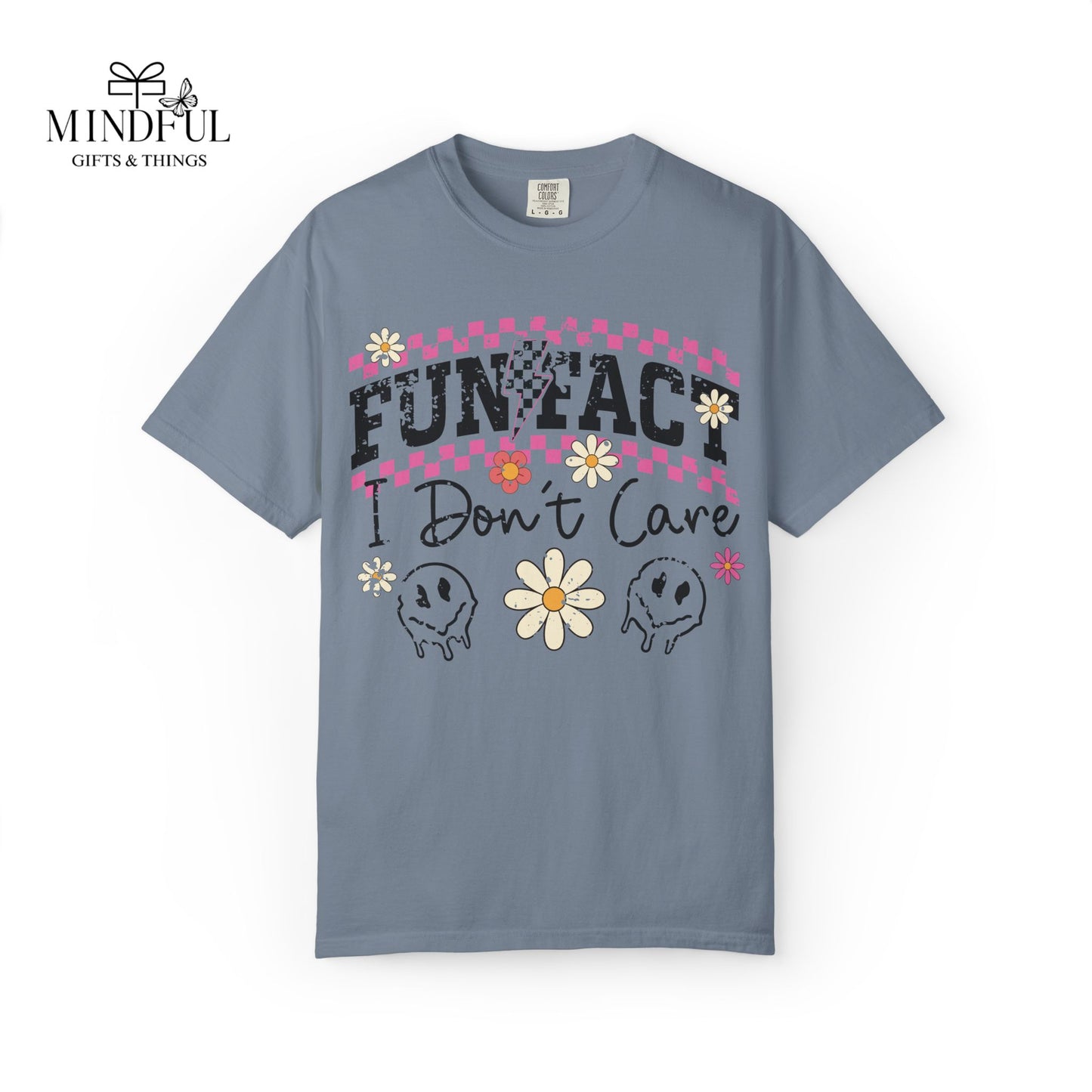Funtact Don't Care Graphic T-Shirt — Retro Checker Flowers & Skulls Tee