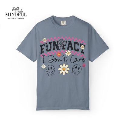 Funtact Don't Care Graphic T-Shirt — Retro Checker Flowers & Skulls Tee