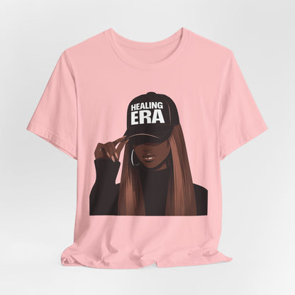 Healing Era Tee — Black Woman Graphic T‑Shirt with 'Healing ERA' Cap Design