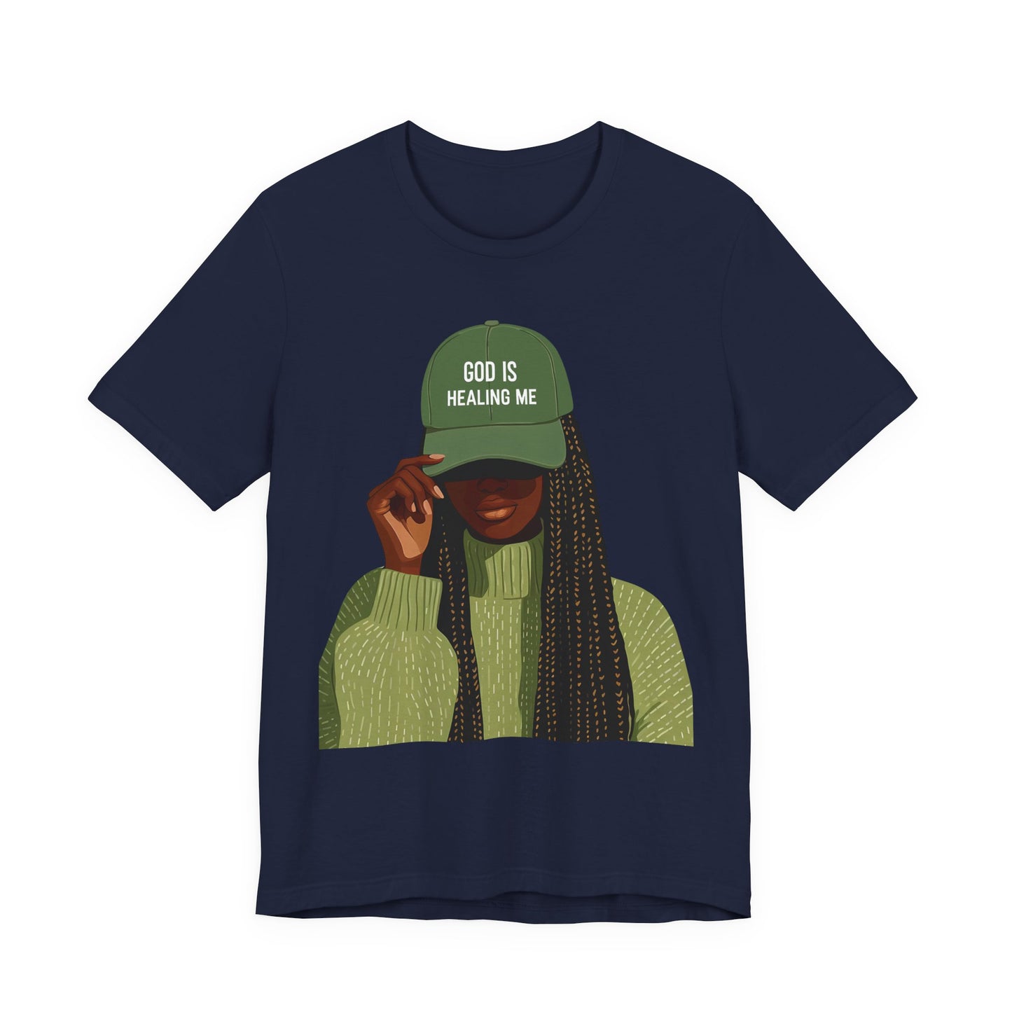 God Is Healing Me Tee — Inspirational Faith T‑Shirt with Green Cap Graphic