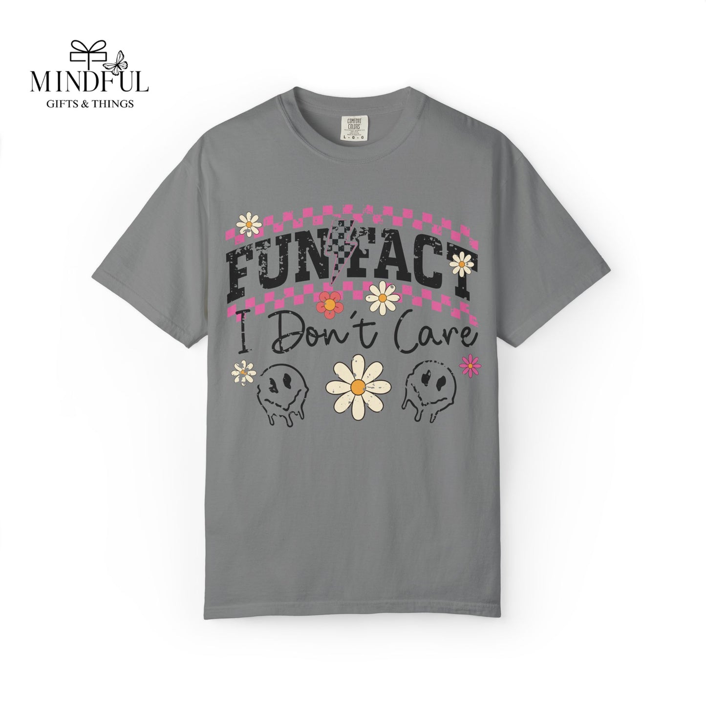 Funtact Don't Care Graphic T-Shirt — Retro Checker Flowers & Skulls Tee