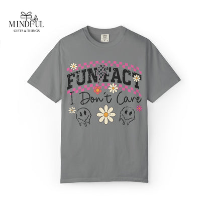 Funtact Don't Care Graphic T-Shirt — Retro Checker Flowers & Skulls Tee