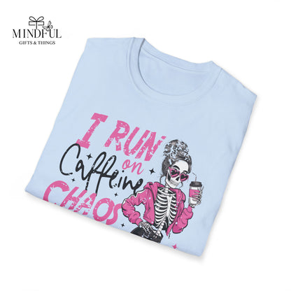 I Run on Caffeine, Chaos & Cuss Words Graphic T-Shirt — Funny Skeleton Coffee Tee
