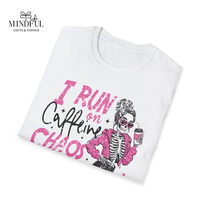 I Run on Caffeine, Chaos & Cuss Words Graphic T-Shirt — Funny Skeleton Coffee Tee