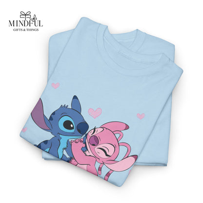 T-Shirt — Cute Stitch & Angel Couples Graphic Tee (Romantic Disney-Inspired Heart Design)
