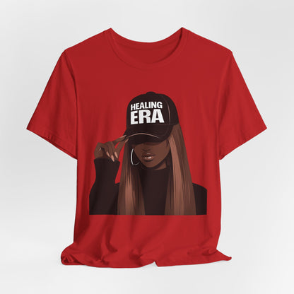 Healing Era Tee — Black Woman Graphic T‑Shirt with 'Healing ERA' Cap Design