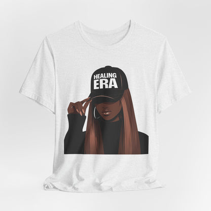 Healing Era Tee — Black Woman Graphic T‑Shirt with 'Healing ERA' Cap Design
