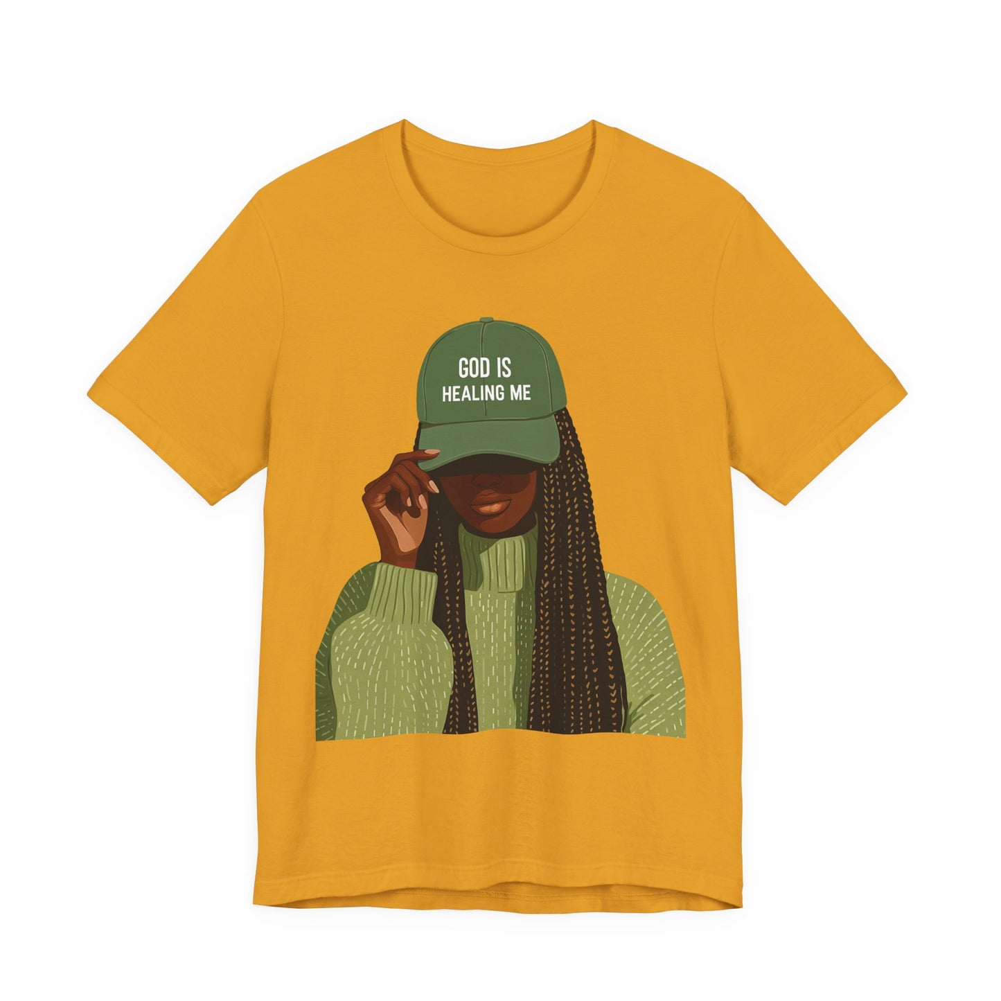 God Is Healing Me Tee — Inspirational Faith T‑Shirt with Green Cap Graphic