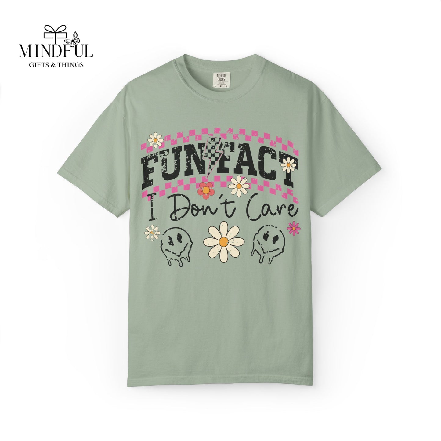 Funtact Don't Care Graphic T-Shirt — Retro Checker Flowers & Skulls Tee