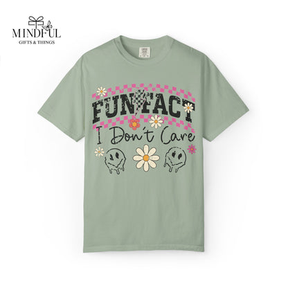 Funtact Don't Care Graphic T-Shirt — Retro Checker Flowers & Skulls Tee