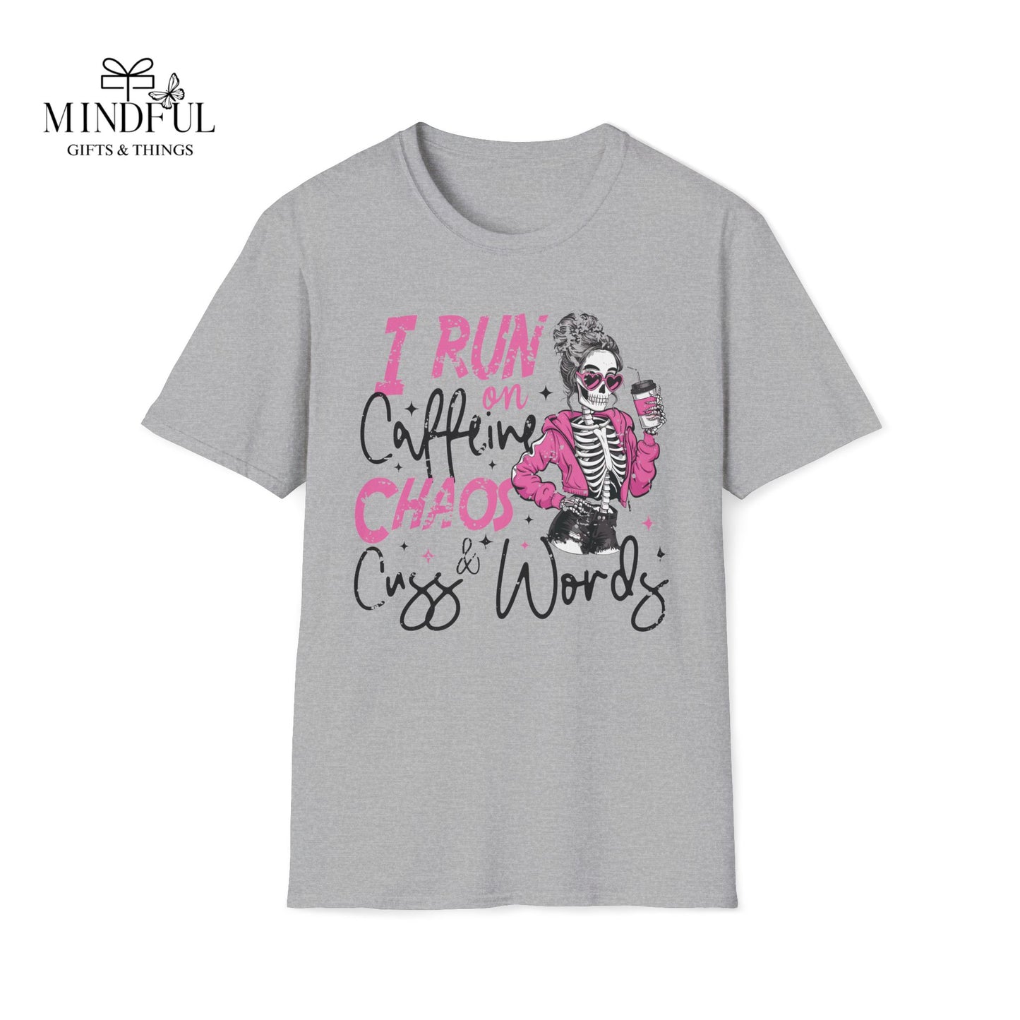 I Run on Caffeine, Chaos & Cuss Words Graphic T-Shirt — Funny Skeleton Coffee Tee