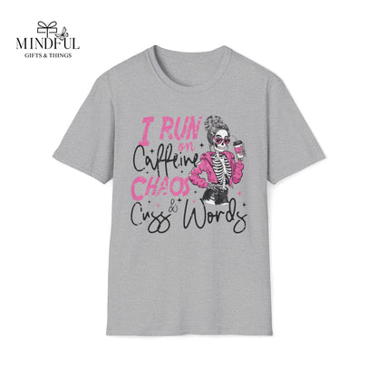 I Run on Caffeine, Chaos & Cuss Words Graphic T-Shirt — Funny Skeleton Coffee Tee