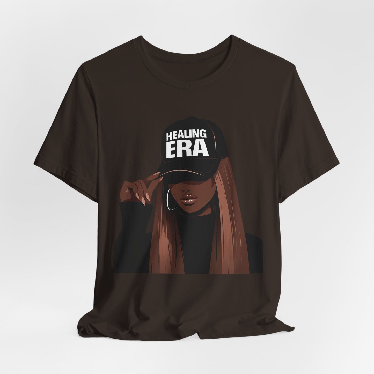 Healing Era Tee — Black Woman Graphic T‑Shirt with 'Healing ERA' Cap Design