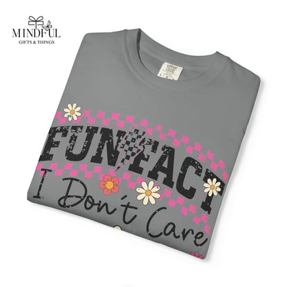 Funtact Don't Care Graphic T-Shirt — Retro Checker Flowers & Skulls Tee