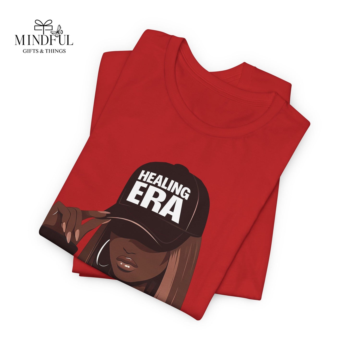 Healing Era Tee — Black Woman Graphic T‑Shirt with 'Healing ERA' Cap Design