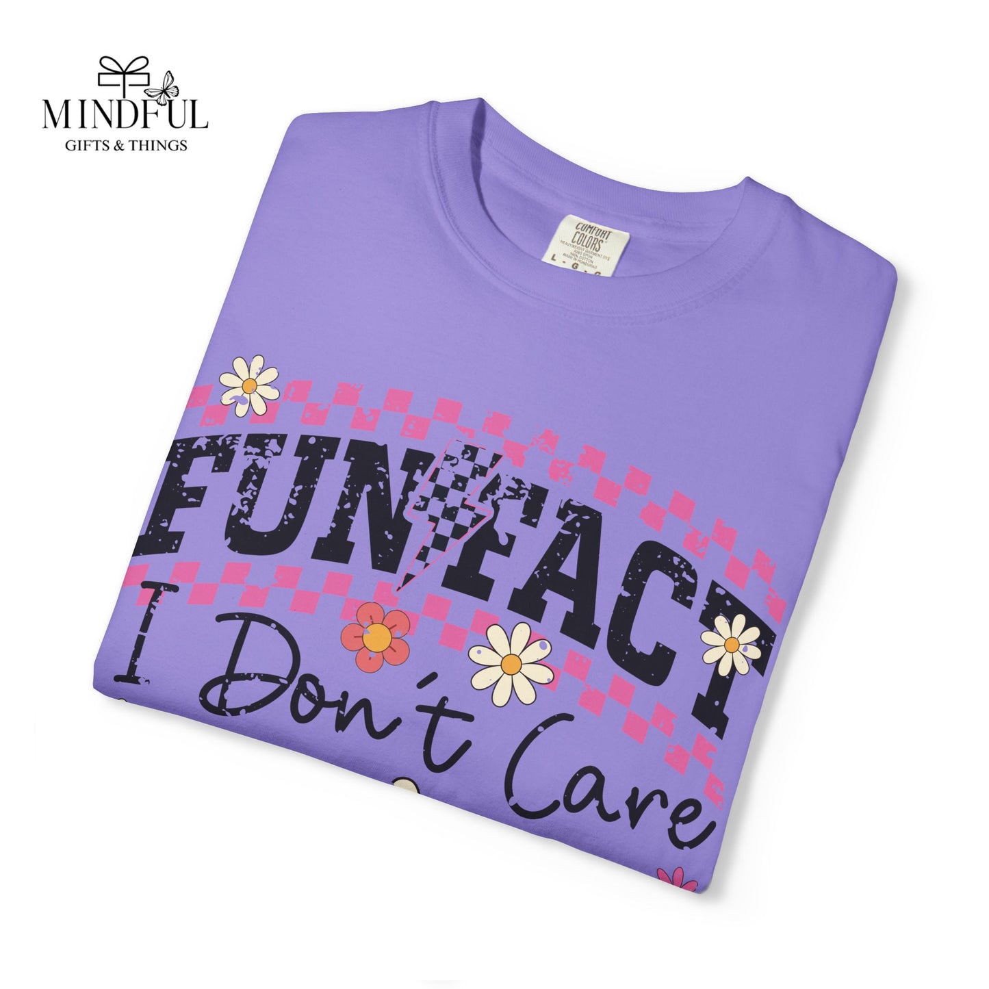 Funtact Don't Care Graphic T-Shirt — Retro Checker Flowers & Skulls Tee