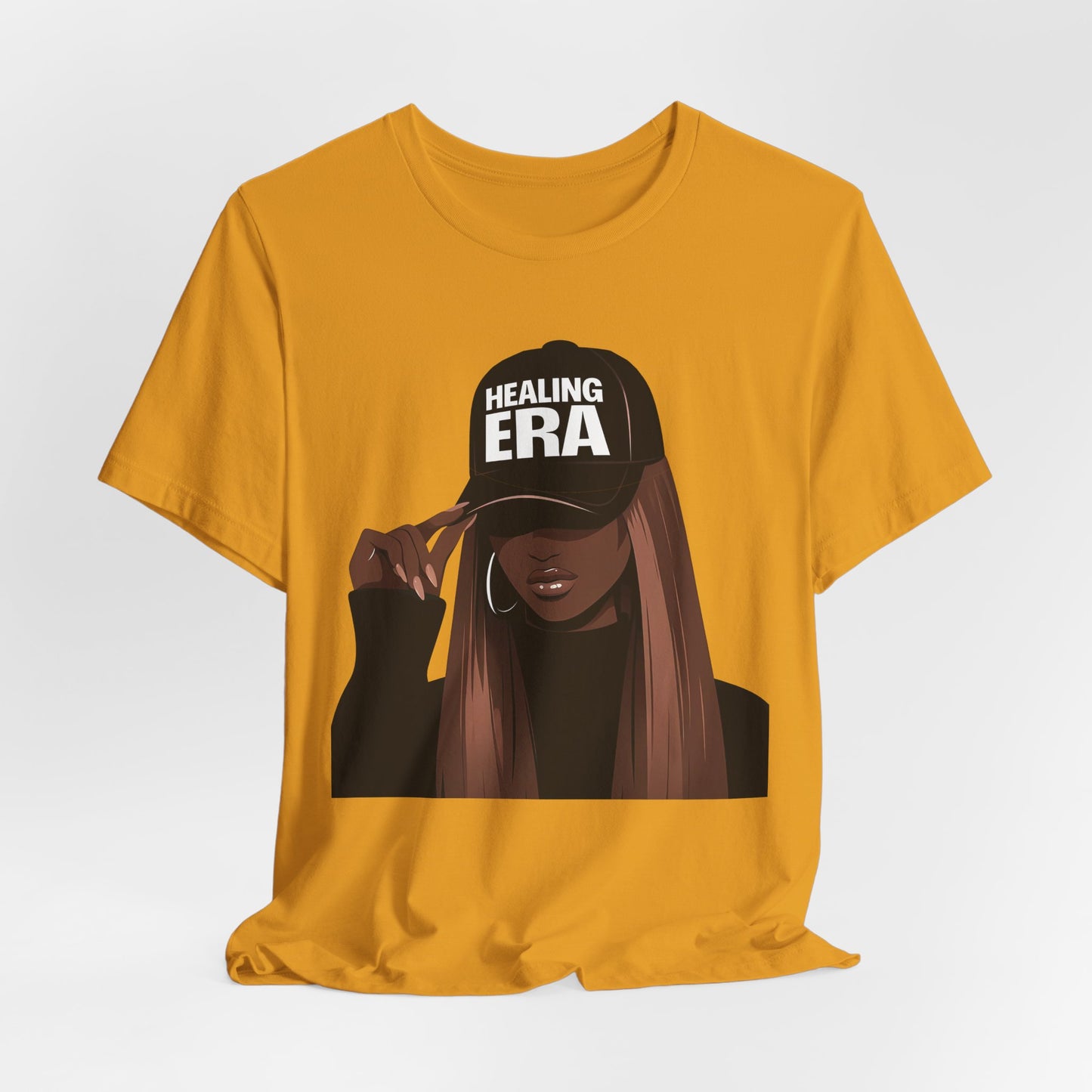 Healing Era Tee — Black Woman Graphic T‑Shirt with 'Healing ERA' Cap Design