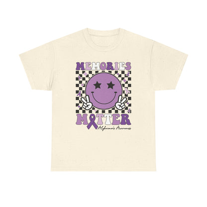 Smiley Memories Matter Tee — Purple Alzheimer’s Awareness Shirt