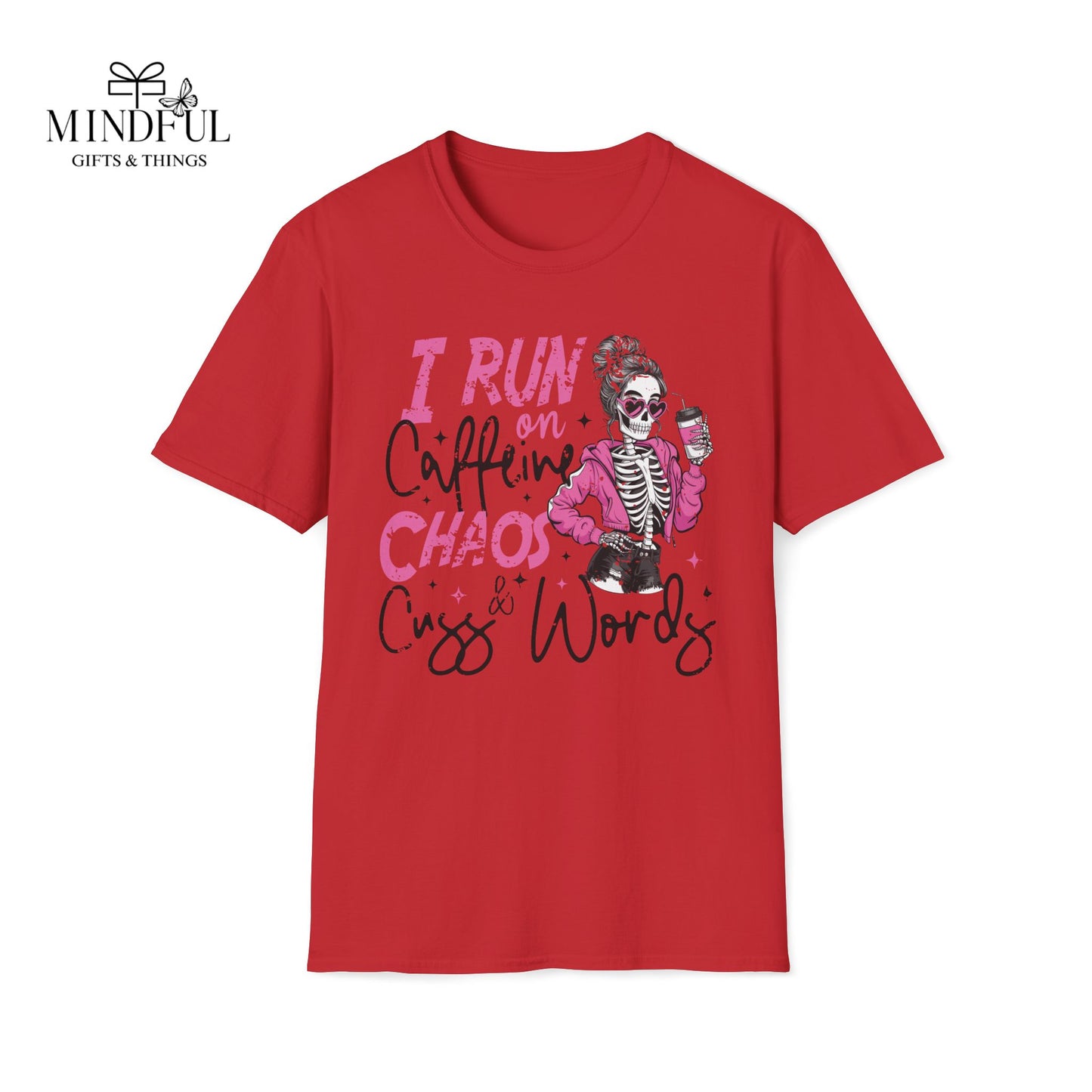 I Run on Caffeine, Chaos & Cuss Words Graphic T-Shirt — Funny Skeleton Coffee Tee