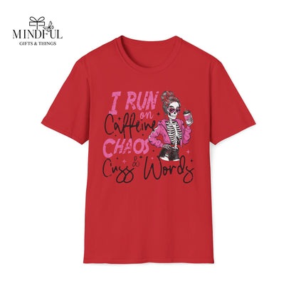 I Run on Caffeine, Chaos & Cuss Words Graphic T-Shirt — Funny Skeleton Coffee Tee