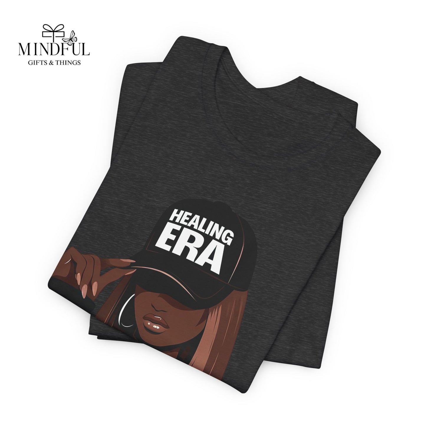 Healing Era Tee — Black Woman Graphic T‑Shirt with 'Healing ERA' Cap Design