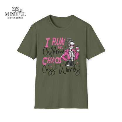 I Run on Caffeine, Chaos & Cuss Words Graphic T-Shirt — Funny Skeleton Coffee Tee