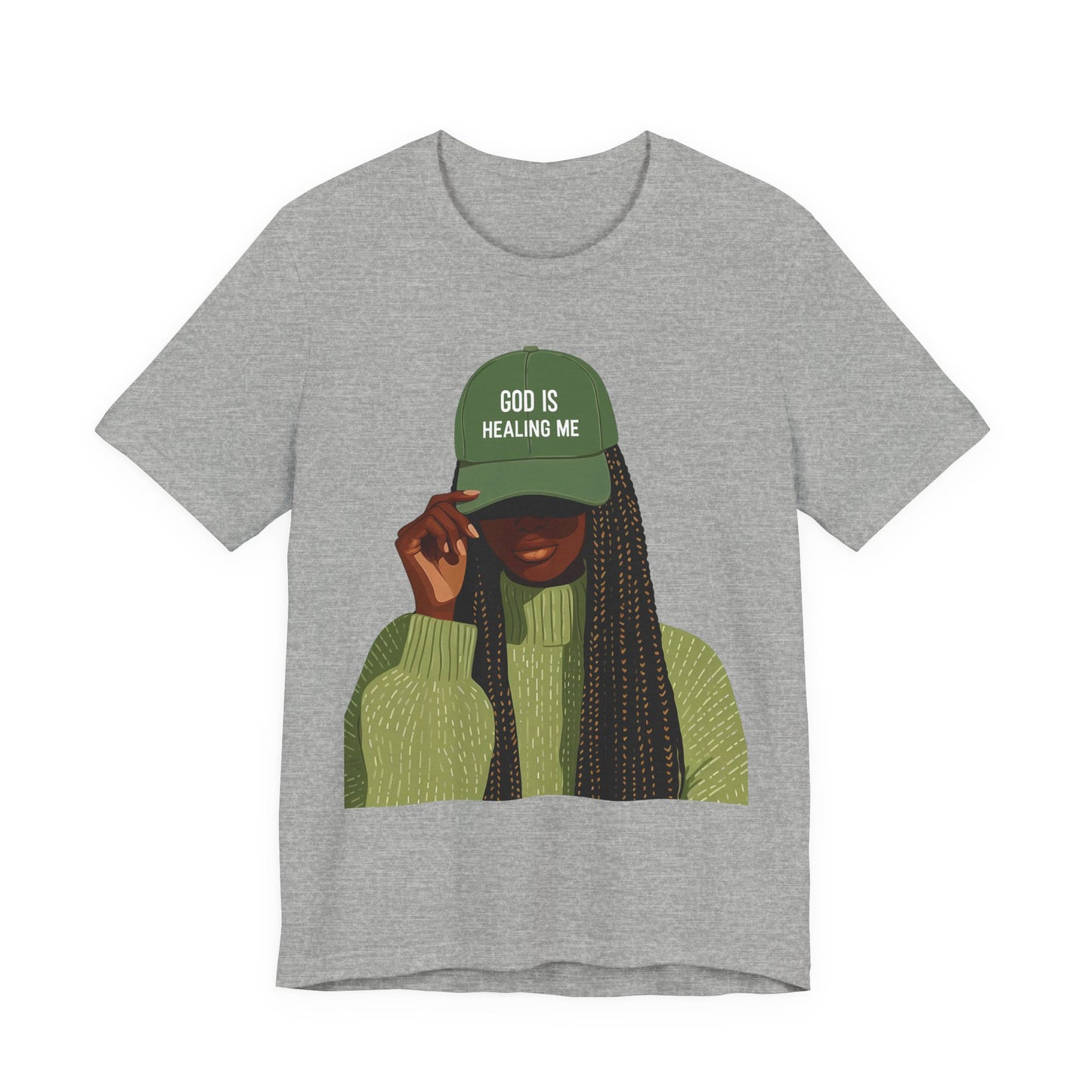 God Is Healing Me Tee — Inspirational Faith T‑Shirt with Green Cap Graphic