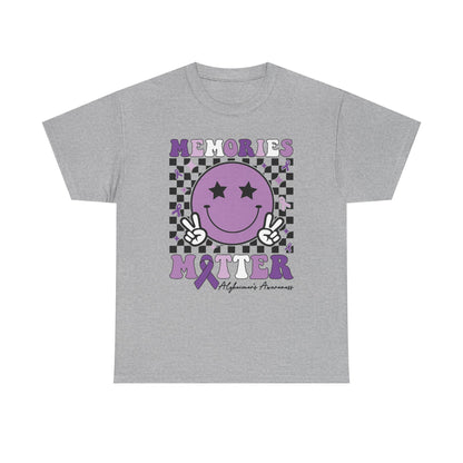 Smiley Memories Matter Tee — Purple Alzheimer’s Awareness Shirt
