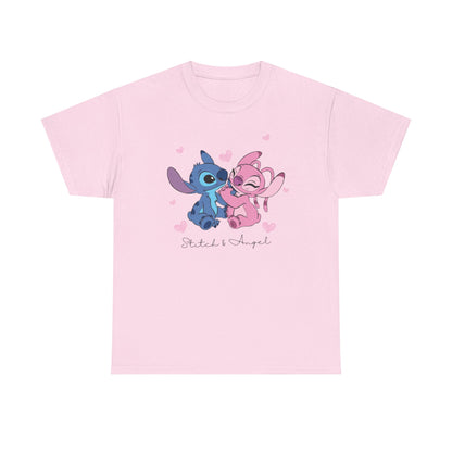 T-Shirt — Cute Stitch & Angel Couples Graphic Tee (Romantic Disney-Inspired Heart Design)