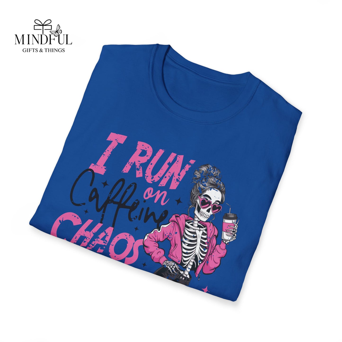 I Run on Caffeine, Chaos & Cuss Words Graphic T-Shirt — Funny Skeleton Coffee Tee
