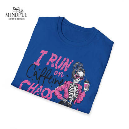 I Run on Caffeine, Chaos & Cuss Words Graphic T-Shirt — Funny Skeleton Coffee Tee