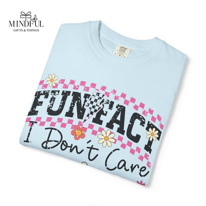 Funtact Don't Care Graphic T-Shirt — Retro Checker Flowers & Skulls Tee