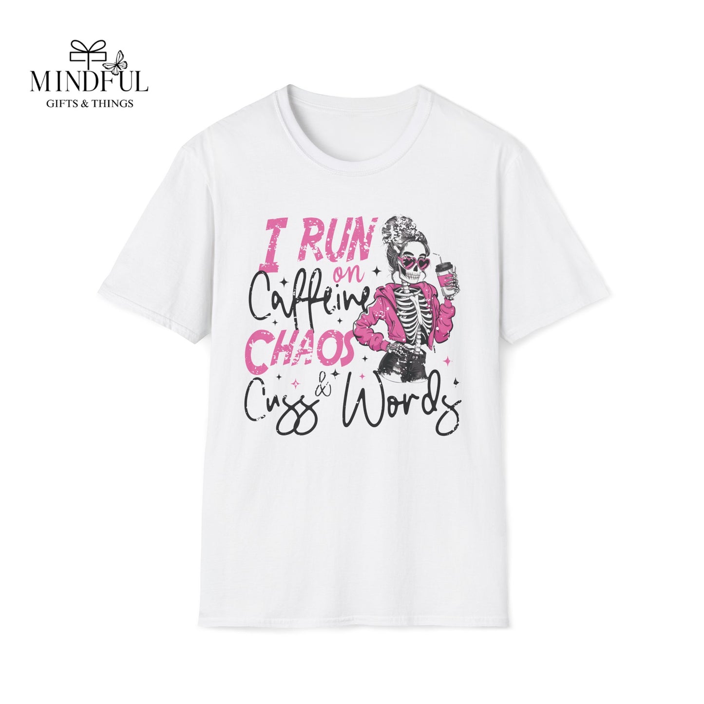 I Run on Caffeine, Chaos & Cuss Words Graphic T-Shirt — Funny Skeleton Coffee Tee
