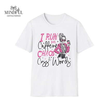 I Run on Caffeine, Chaos & Cuss Words Graphic T-Shirt — Funny Skeleton Coffee Tee