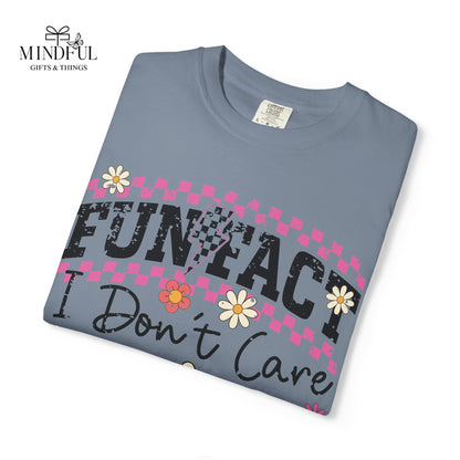 Funtact Don't Care Graphic T-Shirt — Retro Checker Flowers & Skulls Tee